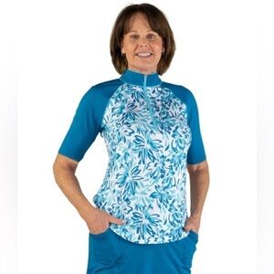 Jofit Half Zip Tipsy Top Floral Print Teal White Golf Outdoor Athleisure Summer